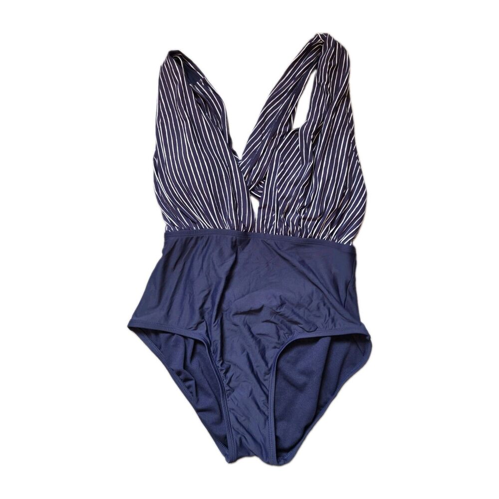 Sea Angel One Piece Swimsuit Womens Large Navy Striped Deep V Tummy Control EUC
